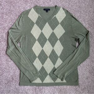 Banana Republic Mens V-Neck Sweater Green And Cream Argyle Silk And Linen Size M